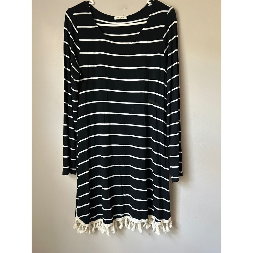 12PM by Mon Ami‎ Black White Stripe Long Sleeve Tassel Hem Dress M Boho Casual